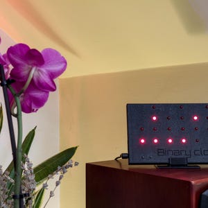 Pode incluir: Um rel&oacute;gio bin&aacute;rio eletr&oacute;nico retangular preto com uma grelha de pequenas luzes LED vermelhas e o texto "Binary clock" em relevo na parte frontal. O dispositivo est&aacute; posicionado sobre uma superf&iacute;cie de madeira escura junto a uma orqu&iacute;dea.