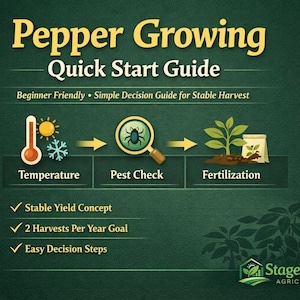 May include: A green graphic with the text "Pepper Growing Quick Start Guide." The guide includes icons for temperature, pest check, and fertilization. It also lists "Stable Yield Concept," "2 Harvests Per Year Goal," and "Easy Decision Steps."