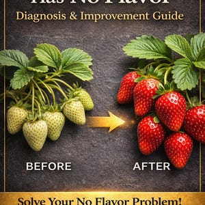 May include: Image of a guide titled "Why Your Fruit Has No Flavor." The image shows a comparison of strawberries, with unripe green strawberries labeled "Before" and ripe red strawberries labeled "After."