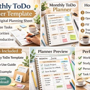 以下が含まれることがあります： 「Monthly ToDo Planner Template」のテキストが入ったデジタルプランナーテンプレート。タスクの整理、優先順位の設定、生産性の維持のためのセクションがあるプランナーの画像です。「How to Use」ガイドと「Planner Preview」が含まれています。