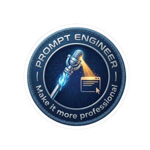 May include: Circular sticker featuring a microphone design in blue and silver. The text "PROMPT ENGINEER" and "Make it more professional" is in white. The background is dark blue with a circuit board pattern.