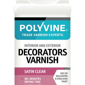 May include: A white bottle of Polyvine Decorators Varnish with a black cap. The label features the brand name in teal and white, with the words "Trade Varnish Experts". The label also states "Interior and Exterior" and "Satin Clear".