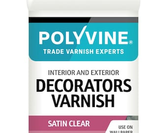 May include: A white bottle of Polyvine Decorators Varnish with a black cap. The label features the brand name in teal and white, with the words "Trade Varnish Experts". The label also states "Interior and Exterior" and "Satin Clear".