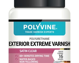 May include: A white bottle of Polyvine Exterior Extreme Varnish with a black cap. The label reads Polyvine Trade Varnish Experts, Polyurethane Exterior Extreme Varnish, Satin Clear, 60+ minutes drying time, water-based, non-yellowing, and 16 hours.