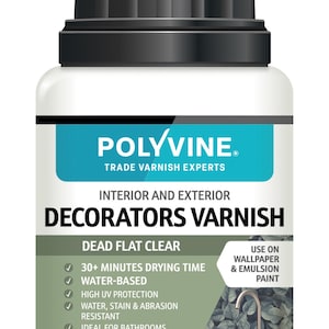 May include: A white bottle of Polyvine Decorators Varnish with a black cap. The label features the text "Polyvine Trade Varnish Experts" and "Interior and Exterior Decorators Varnish". It is water-based and resistant to water, stains, and abrasion.