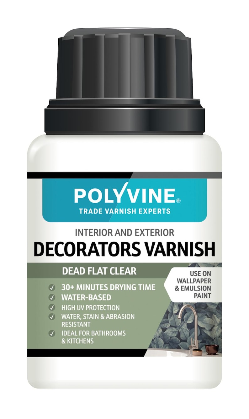 May include: A white bottle of Polyvine Decorators Varnish with a black cap. The label features the text "Polyvine Trade Varnish Experts" and "Interior and Exterior Decorators Varnish". It is water-based and resistant to water, stains, and abrasion.
