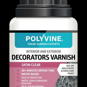 May include: A white bottle of Polyvine Decorators Varnish with a black cap. The label features the text "Satin Clear" and highlights features like water-based and high UV protection. It is designed for interior and exterior use.