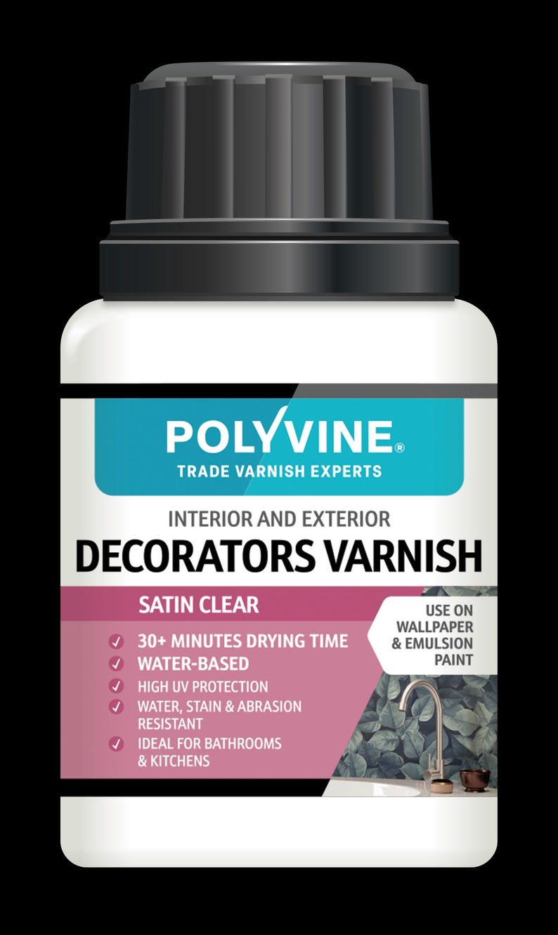May include: A white bottle of Polyvine Decorators Varnish with a black cap. The label features the text "Satin Clear" and highlights features like water-based and high UV protection. It is designed for interior and exterior use.