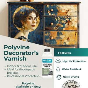 May include: A blue and gold painted dresser with a portrait of a woman on the front. The image also features a bottle of Polyvine Decorator's Varnish, highlighting its UV protection, water resistance, and quick-drying properties. The Etsy shop URL is included.