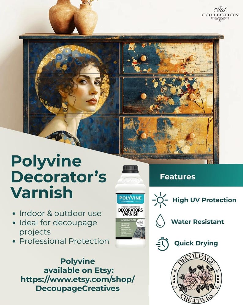 May include: A blue and gold painted dresser with a portrait of a woman on the front. The image also features a bottle of Polyvine Decorator's Varnish, highlighting its UV protection, water resistance, and quick-drying properties. The Etsy shop URL is included.
