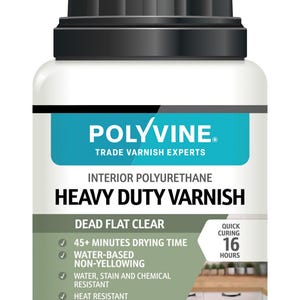 May include: A white bottle of Polyvine Heavy Duty Varnish with a black cap. The label features the text "Polyvine Trade Varnish Experts" and "Interior Polyurethane Heavy Duty Varnish". It is a dead flat clear varnish with a 45+ minutes drying time.
