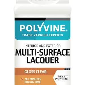 May include: A white bottle of Polyvine Multi-Surface Lacquer with a black cap. The label features the brand name, product details, and the words "Interior and Exterior". It is a gloss clear finish.