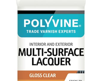 May include: A white bottle of Polyvine Multi-Surface Lacquer with a black cap. The label features the brand name, product details, and the words "Interior and Exterior". It is a gloss clear finish.