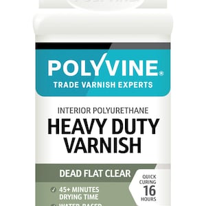 May include: A white bottle of Polyvine Heavy Duty Varnish with a black cap. The label features the brand name, product details, and key features like quick curing in 16 hours and water-based formula.