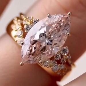 4 CT Marquise Cut Moissanite Wedding Bridal Set, 14K/18K Solid Gold, Two Ring Set Flush Set Thick Band, Hidden Halo Engagement Ring Set Gift