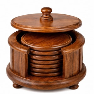 May include: A round wooden coaster set featuring a stack of circular coasters housed within a matching cylindrical holder. The holder has a base with small feet and a removable lid with a central knob handle, all finished in a warm brown tone.