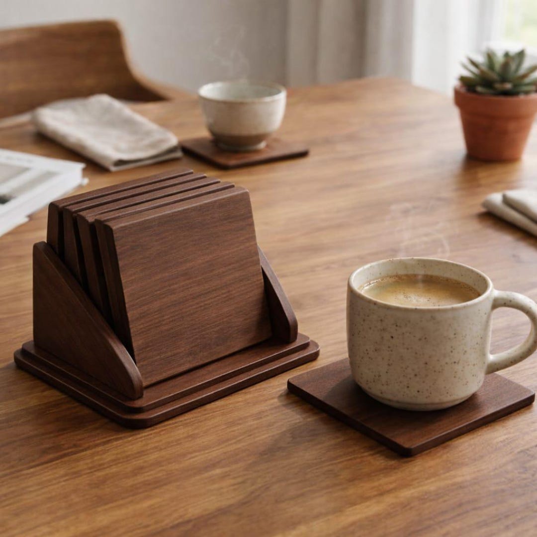 Solid Wood Square Coasters With Holder – Minimalist Modern Table Decor ...