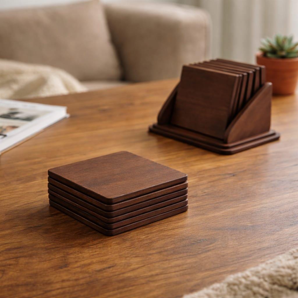Solid Wood Square Coasters With Holder – Minimalist Modern Table Decor ...