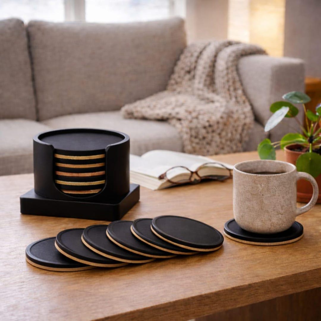 Modern Black Wooden Coasters – Minimalist Round Drink Set With Holder ...