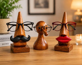 Juego de soportes de madera hechos a mano para gafas / Diseños divertidos de nariz, bigote y labios