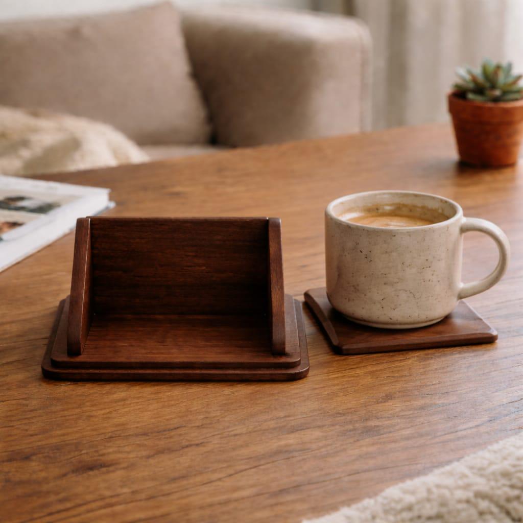 Solid Wood Square Coasters With Holder – Minimalist Modern Table Decor ...