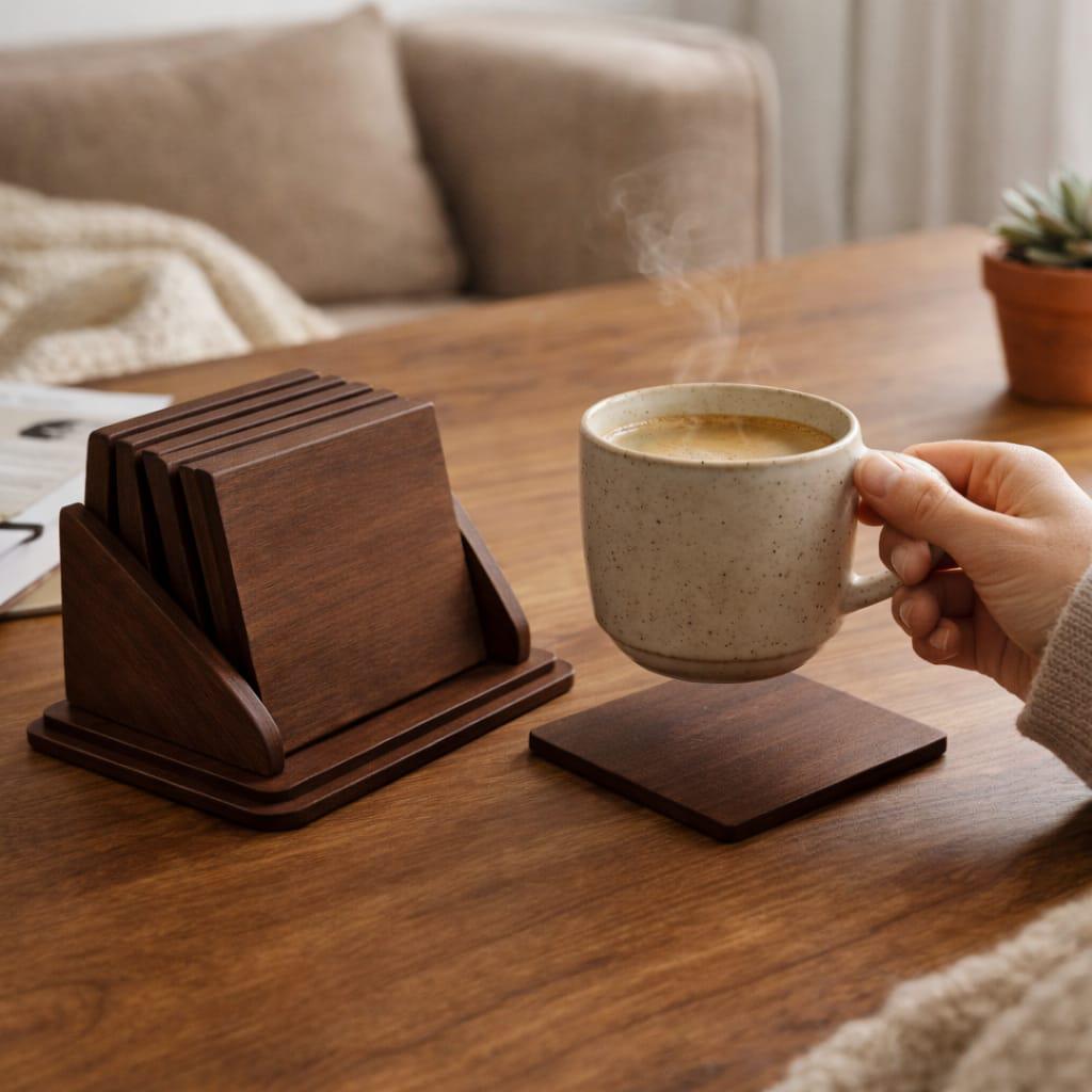 Solid Wood Square Coasters With Holder – Minimalist Modern Table Decor ...