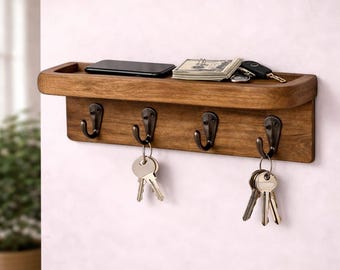 Solid Mango Wood Key Holder Shelf | Rustic Entryway Organizer Hooks