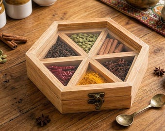 Handcrafted Hexagon Wooden Spice Box – Masala Organizer with Glass Lid