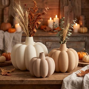 Pompoenvaas | Geribbelde decoratieve vaas met pluizige buitenkant voor gedroogde bloemen en pampasgras | Herfst- en Halloweendecoratie | 3D-geprint | Op maat gemaakt