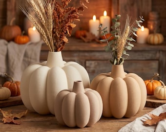 Vaso a forma di zucca | Vaso decorativo a coste con superficie vellutata per fiori secchi ed erba della pampa | Decorazione autunnale di Halloween stampata in 3D | Realizzata su misura