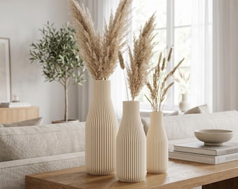 Minimal Vase | Schlanke Flaschenform mit feinen Rillen | Puristische Deko Vase für Trockenblumen | 3D Druck Matte | Handmade Germany
