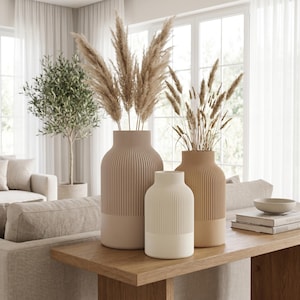 Japanse vaas in 5 maten | Geribbelde vaas met zachte bekleding voor gedroogde bloemen en pampasgras | Scandinavische decoratieve vaas, 3D-geprint | Op maat gemaakt