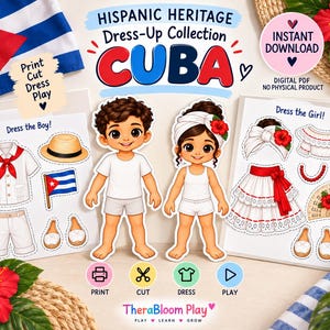 May include: A digital paper doll set titled Hispanic Heritage Dress-Up Collection CUBA featuring a boy and girl character with printable outfits including a straw hat, Cuban flag, white shirt, shorts, a ruffled skirt, and a red flower headpiece.