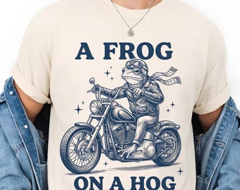 Frog on Hog Motorcycle Graphic Tee, Vintage Biker Frog T-Shirt