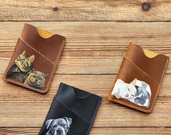 Handgemalter Haustier-Porträt-Kartenhalter, Benutzerdefinierte Hunde-Katzen-Leder-Geldbörse, Haustier-Denkmal-Andenken vom Foto, Vatertagsgeschenk, Haustier-Kunst