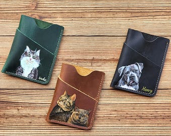 Handbemalter Haustier-Porträt-Kartenhalter, individuelle Hunde-Katzen-Leder-Geldbörse, Haustier-Denkmal vom Foto, Vatertagsgeschenk, Geschenk für Mama