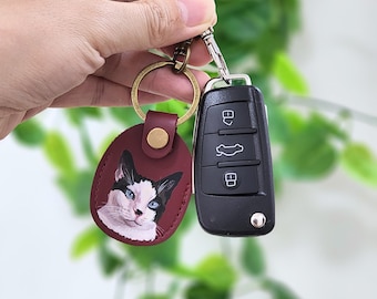 Personalisierter handgemachter Haustier-Leder-Schlüsselbund, handbemalter Hundekatzen-Porträt-Taschenanhänger, Gedenk-Andenken