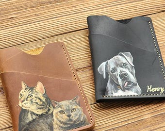 Handgefertigter Haustier-Porträt-Kartenhalter, Handbemalte Hundekatzen-Leder-Geldbörse, Haustier-Memorial-Andenken vom Foto, Vatertagsgeschenk, Mini-Haustierkunst