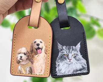 Personalisierter, Handgemalter Tierportrait Taschenanhänger, Handgefertigter Taschenanhänger aus Leder vom Foto