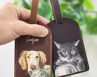 Handgemalter Haustier Porträt Leder Gepäckanhänger, Benutzerdefinierte Hunde Katze Taschenanhänger vom Foto, Personalisiertes Haustier Geschenk für Reisende