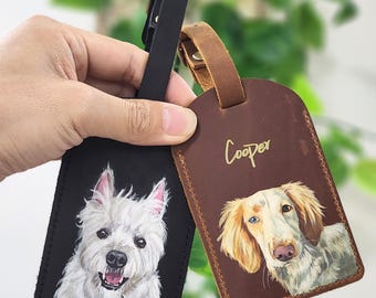 Handgemalter Haustier Porträt Taschenanhänger, realistischer Hund Katze Malerei, handgemachter Leder Gepäckanhänger, Geschenk für Reiseliebhaber