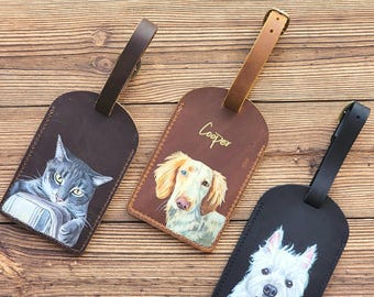 Handgemalter Haustierporträt-Leder-Gepäckanhänger, realistisches kundenspezifisches Hundekatzen-Reise-Accessoire, personalisiertes Haustier Geschenk für Reisende
