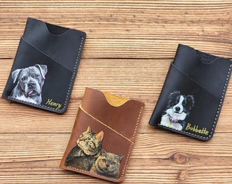 Handbemalter Haustier-Porträt-Kartenhalter, individuelles Hunde-Katzenleder-Portemonnaie, Haustier-Denkmal vom Foto, Vatertagsgeschenk, Geschenk für Hundemama