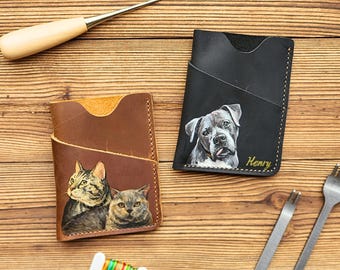 Personalisierte Brieftasche aus Leder, handbemalter Hunde Katzen Kartenhalter vom Foto, Geschenk für Papa, Andenken bei Verlust des Haustieres