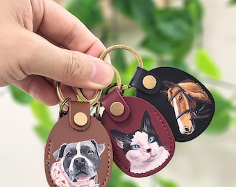 Handgefertigter Haustier-Leder-Schlüsselanhänger, Handbemalter Hundekatzen-Porträt-Schlüsselanhänger, Erinnerungsstück, Vatertagsgeschenk, Mini-Haustierkunst