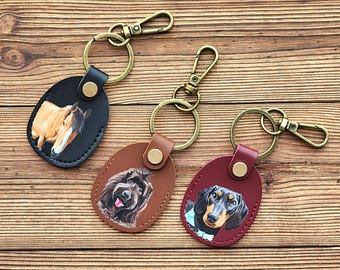 Handgemalter Haustier Portrait Leder Schlüsselanhänger, Individueller Hund Katze Taschenanhänger, Haustier Gedenkstätte Andenken, Geschenk für Papa