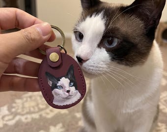 Benutzerdefinierte handgemalte Haustier Porträt Schlüsselbund, handgemachte Leder Hund Katze Taschenanhänger, Haustier Gedenkstätte Andenken, Geschenk für Mutter, Haustier Verlust Geschenk vom Foto