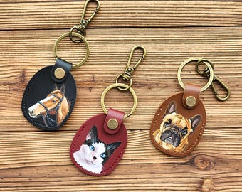 Hand-Painted Pet Portrait Leather Keychain, Custom Handmade Dog Cat Bag tag, Pet Memorial Keepsake, Gift for Dog Mom, Father's Day Gift