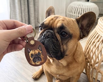Handgemalter Haustier Portrait Leder Schlüsselanhänger, Individueller Hund Katze Taschen Anhänger, Erinnerungsstück, Geschenk für Papa