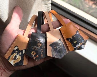 Handbemalte Leder Haustier Porträt Anhänger: Italienischer Leder Hund Katze Anhänger